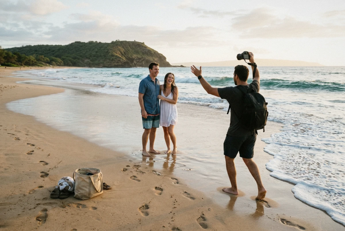 A first-time client walking toward a photographer setting up on the sand, showing what to expect at a maui photoshoot before golden hour