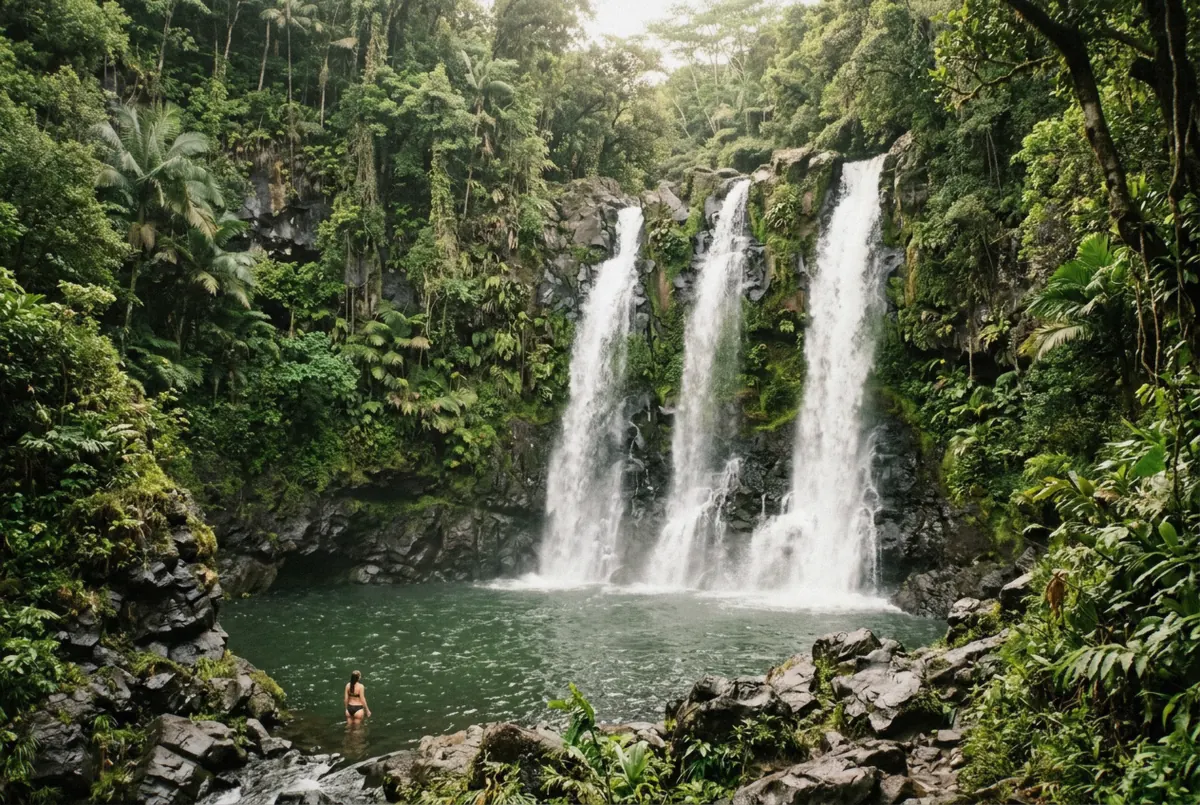 Three white cascades of Upper Waikani Falls dropping into a green pool on the Road to Hana, a Maui photo tour stop