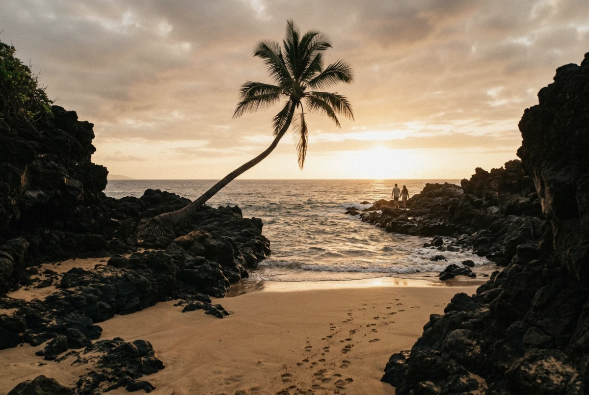 Golden hour light on the lava-rock framed sand of Makena Cove, the signature Maui photoshoot backdrop